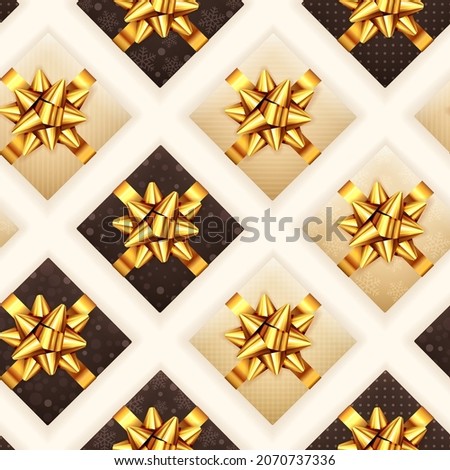 Seamless Christmas background with black and beige gifts with golden bows. Pattern for Christmas, birthday, Valentines day or holiday design on white background. Illustration for packaging paper