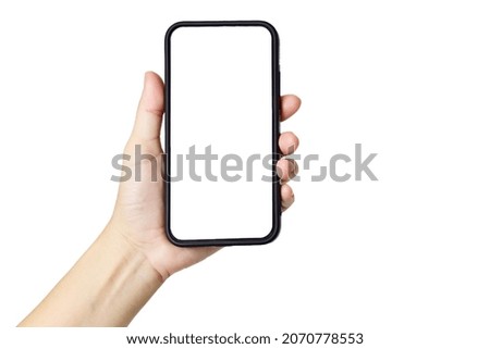 Hand holding black smartphone white screen isolated on white Royalty-Free Stock Photo #2070778553