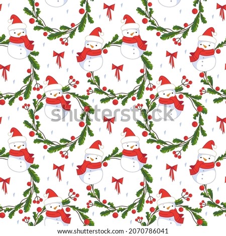 Seamless pattern for the New Year. Christmas wreaths with red berries and bows and a snowman. Christmas illustrations in cartoon childish style
