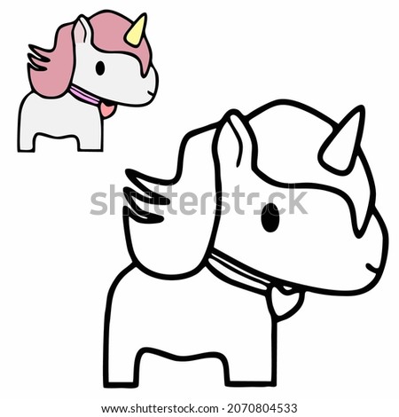 Coloring book or page with pink unicorn. Clip art set for t-shirt print, kids apparel, greeting card, label, patch or sticker