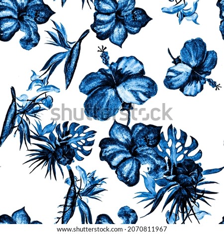 Azure Hibiscus Design. Beryl Flower Palm. Indigo Seamless Print. Watercolor Set. Pattern Background. Blue Tropical Wallpaper. Exotic Jungle. Art Palm.
