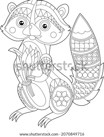 Cute badger with flower. Doodle style, black and white background. Funny animal, coloring book pages. Hand drawn illustration in zentangle style for children and adults, tattoo.