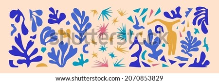 Vector colored paper cutouts isolated. A set of abstract plants and different shapes inspired by Matisse. Female figure, stars, algae scraps of cut paper. Royalty-Free Stock Photo #2070853829