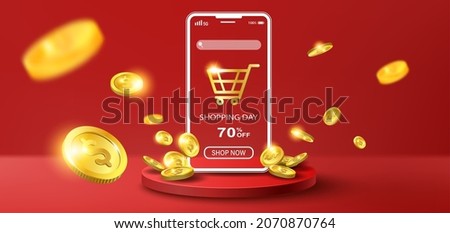 Online shopping and money on application concept, digital marketing online with golden coins falling. Royalty-Free Stock Photo #2070870764