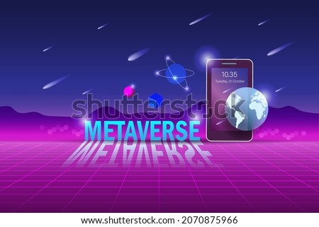 Metaverse, virtual reality and augmented reality technology, user interface 3D experience. Computer generated word metaverse on smart phone in virtual space and universe environment. Royalty-Free Stock Photo #2070875966