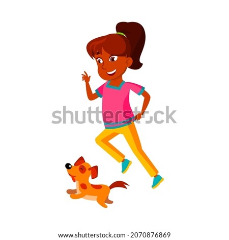 Schoolgirl Running With Dog Animal Outdoor Vector. Happy Hispanic School Girl Running With Pet Puppy In Park. Character Infant With Positive Emotion Sport Time Flat Cartoon Illustration