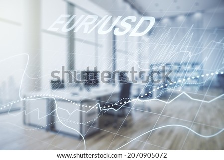Abstract virtual EURO USD financial chart illustration on a modern furnished office background. Trading and currency concept. Multiexposure