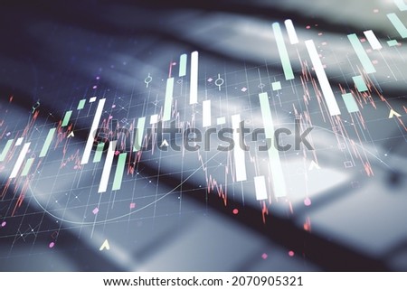 Multi exposure of virtual abstract financial graph interface on abstract metal background, financial and trading concept