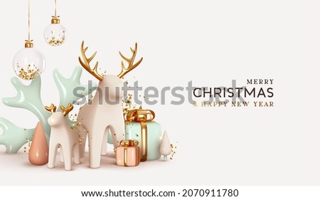 Merry Christmas and Happy New Year winter festive composition. Xmas background realistic 3d decorative design objects, big and small deer, gift boxes, snowy trees, gold confetti. Vector illustration