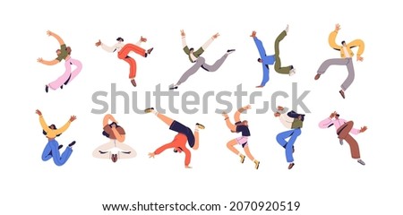Happy energetic people in free poses set. Youth and freedom concept. Young positive men and women flying, dancing and jumping with fun and joy. Flat vector illustration isolated on white background