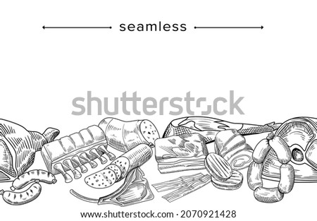 Butchery Shop Production Doodle Seamless Pattern, Hand Drawn Pork, Cutlet and Ribs, Bacon, Sirloin and Salami, Meat, Strip Steak and Sausages Monochrome Frame or Border. Linear Vector Illustration Royalty-Free Stock Photo #2070921428