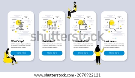 Vector Set of Business icons related to Wallet money, Survey results and Passport warning icons. UI phone app screens with people. Text message line symbols. Vector