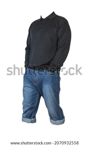 denim dark blue shorts and knitted dark red sweater  isolated on white background. Men's jeans