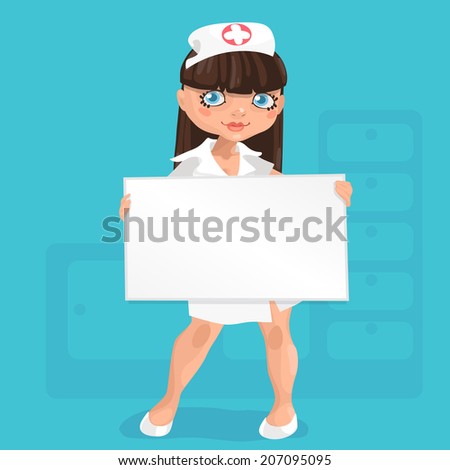Illustration of european young brunette long hairs woman nurse with message board