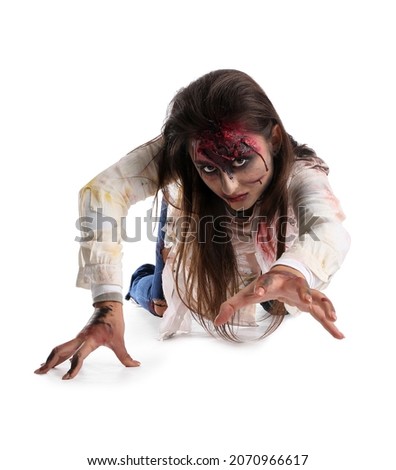 Scary zombie woman on white background