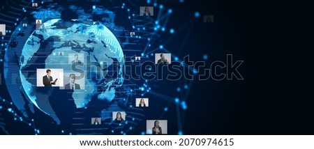 Abstract glowing globe hologram with photo gallery on blue background with mock up place. Technology, global media and entertainment concept. 3D Rendering