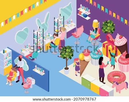 Children hairdresser beauty salon isometric composition with indoor scenery people and haircutters workplaces with play space vector illustration