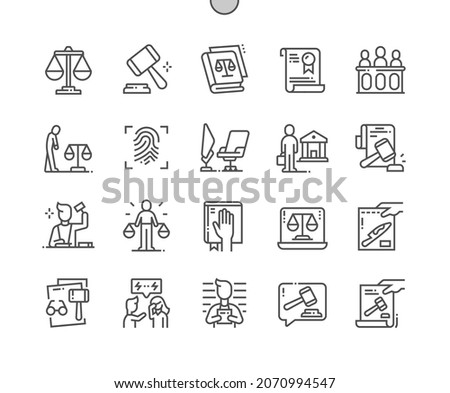 Law and justice. Judge chair. Conflict, criminal, fingerprint and verdict. Online justice. Law book. Pixel Perfect Vector Thin Line Icons. Simple Minimal Pictogram Royalty-Free Stock Photo #2070994547