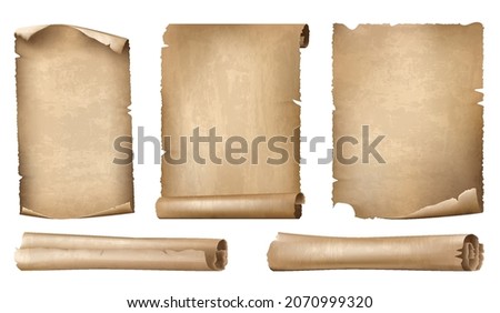 Set of Ancient Paper or Parchment Scrolls, realistic vector illustration Royalty-Free Stock Photo #2070999320