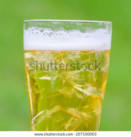 Glass of beer with ice beside  in garden