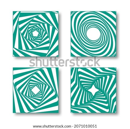 Set of backgrounds with optical illusion. Abstract striped wireframe background with tunnel. Abstract swirl trail or tunnel.
