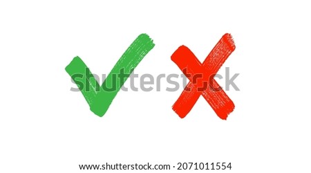Tick and cross vector brush signs. False and true, right and wrong icons. Correct and incorrect, accept and reject vector symbols. Green tick OK and red X cross brush drawings. YES and NO vector.