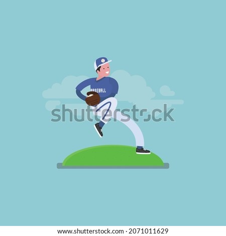 flat baseball player posing vector illustration and light blue background