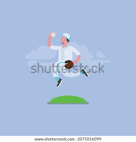 flat baseball player posing vector illustration and soft blue background