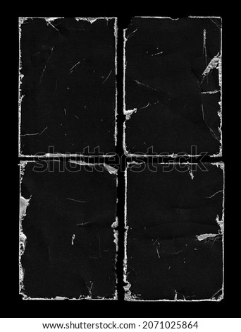 Old Black Empty Aged Damaged Paper Poster Cardboard Photo Card. Rough Grunge Shabby Scratched Torn Ripped Texture. Distressed Overlay Surface for Collage. High Quality.
