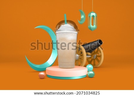 Ramadan Plastic Cups With Orange Background 3D Rendering