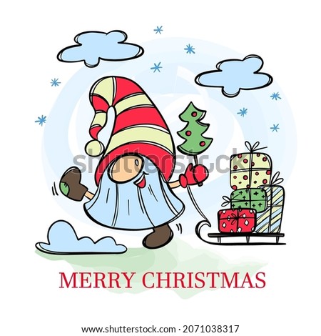 SANTA 2022 Cute Dwarf Carries Gifts On A Sled New Year Merry Christmas Cartoon Holiday Hand Drawn Clip Art With Text Vector Illustration Set For Print