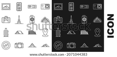 Set line Egypt pyramids, Map pin, Globe with flying plane, Travel ticket, Eiffel tower, Suitcase for travel and stickers, Postal stamp Mountains and Passport icon. Vector