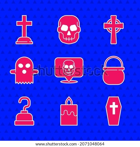 Set Skull, Burning candle, Coffin with cross, Halloween witch cauldron, Pirate hook, Ghost, Tombstone and  icon. Vector