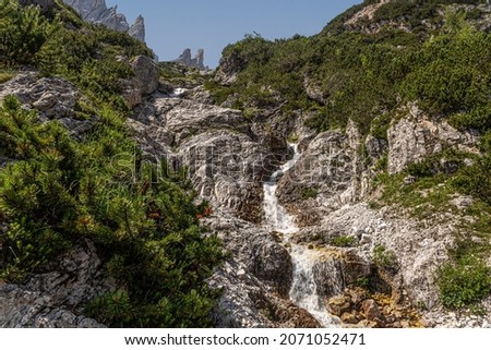 clear stream flowing over shallow rocks in a lush green alpine landscape