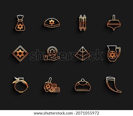 Set line Pomegranate, Hanukkah dreidel and coin, Jewish money bag with star of david, sweet bakery, Traditional ram horn, shofar, hand, Decanter and Egypt pyramids icon. Vector