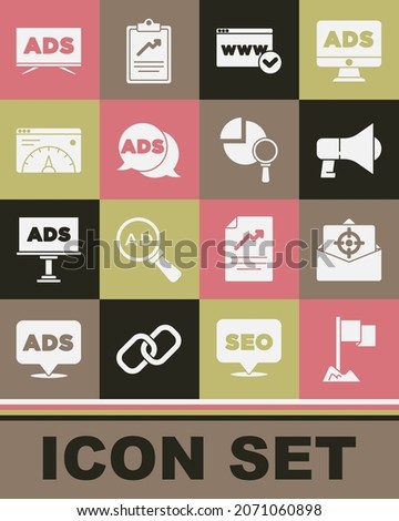 Set Location marker, Mail and e-mail, Megaphone, Website template, Advertising, statistic,  and Magnifying glass analysis icon. Vector