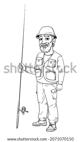 Fisherman in cartoon style, isolated on white background. Black and white. Vector illustration of a fisherman.