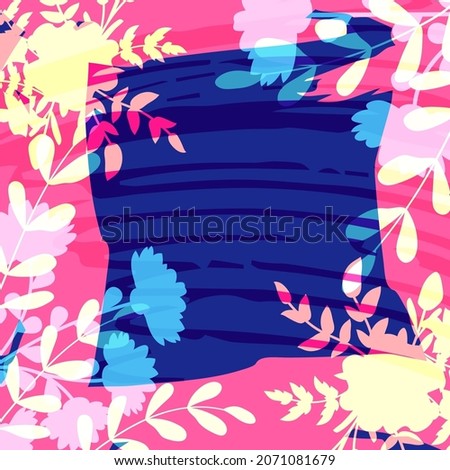 Bright abstract print for scarf, headscarf, hijab, pareo, bandana and other textiles. Square design with brush strokes and plant silhouettes.  Royalty-Free Stock Photo #2071081679