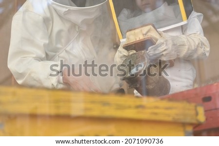 Close-up of beekeeper girl using bee smoker helped by adult beekeeper in apiary  Beekeeping concept  Selective focus 