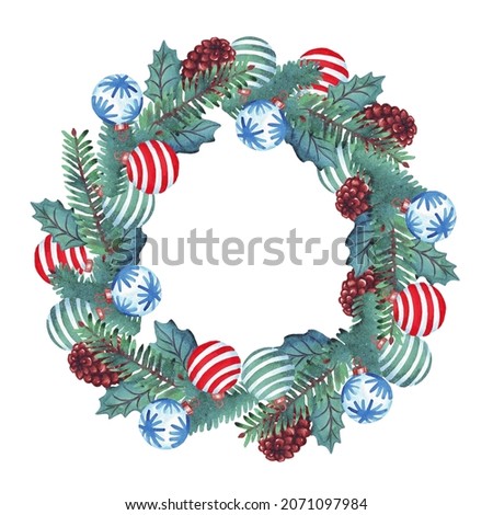 Christmas wreath. Watercolor illustration. Hand drawn