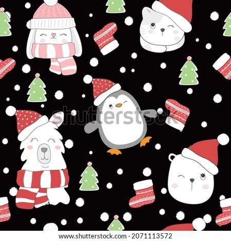Happy animal playing on Christmas day. Animal flat clipart. Modern poster for prints, kids cards, t-shirts.