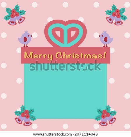 Merry Christmas!  Lovely Christmas banner template. Lovely bird on gift box. Holly berry bell and snowfall decoration. Pink background. Lovely illustration vector flat design.