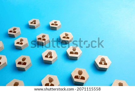 Hexagonal figures of business people. Hiring new employees and recruiting staff. Society and social groups. Public relations. Human resources. Personnel management. Find candidate for an open role job Royalty-Free Stock Photo #2071115558