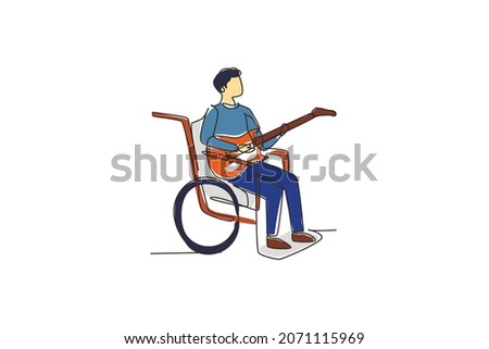 Continuous one line drawing male sit wheelchair playing electric guitar, sing song. Physically disabled. Guitarist person in hospital room ward. Single line draw design vector graphic illustration