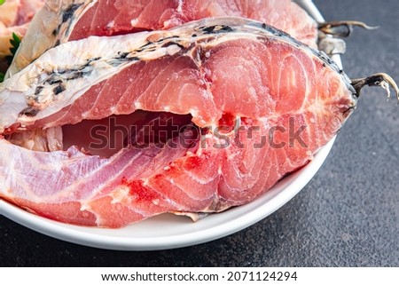 raw fish steak white fish seafood meal snack on the table copy space food background rustic. top view vegetarian food no meat pescetarian diet