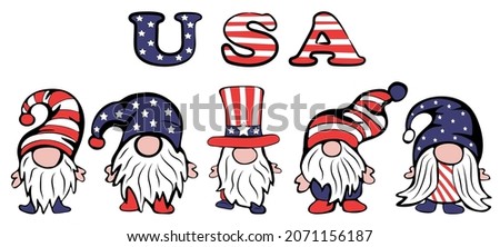 Patriotic Gnomes set with Stars and Stripes on white background. USA Independence day. Vector illustration in doodle style.