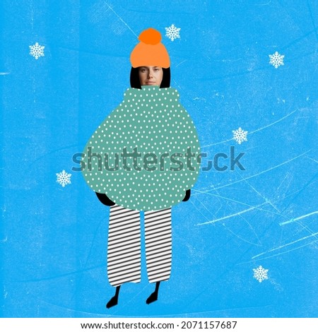 Girl wearing warm winter clothes isolated on blue background. Illustration with woman's portrait. Modern design, contemporary art collage. Inspiration, idea, fashion and style. Copyspace for ad.