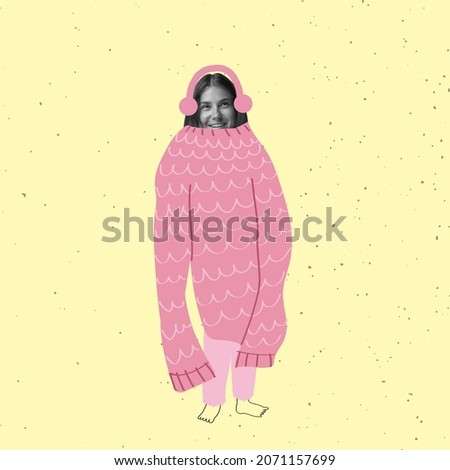 Girl wearing warm oversized knitted sweater. Winter illustration with woman's portrait. Modern design, contemporary art collage. Inspiration, idea, fashion and style. Copyspace for ad, text