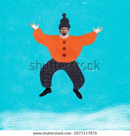 Having fun. Senior man wearing warm winter clothes and jumping isolated on light background. Illustration with man's portrait. Modern, contemporary art collage. Inspiration, idea, fashion and style.