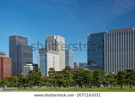 Skyscrapers of Marunouchi commercial and financial district, viewed through the green lawn of Tokyo Kokyo Gaien National Garden. Tokyo. Japan